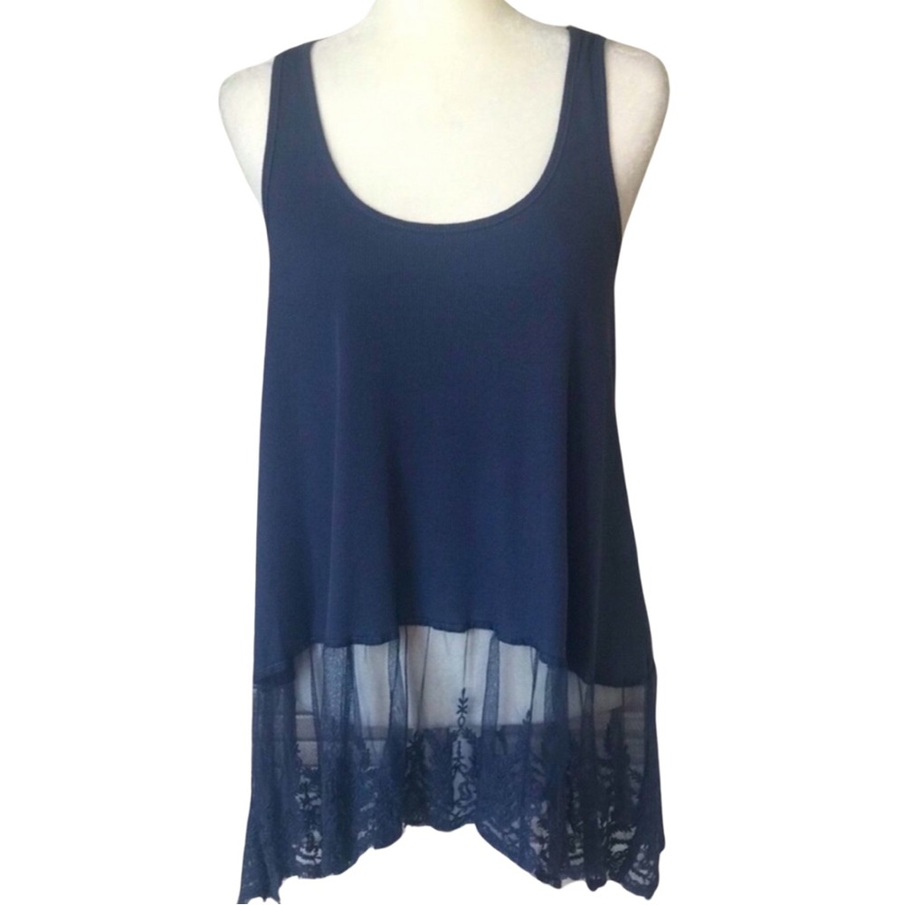 BOUTIQUE ITEM- LACE HEMMED TANK TOP IN BLUE, ROUND NECKLINE